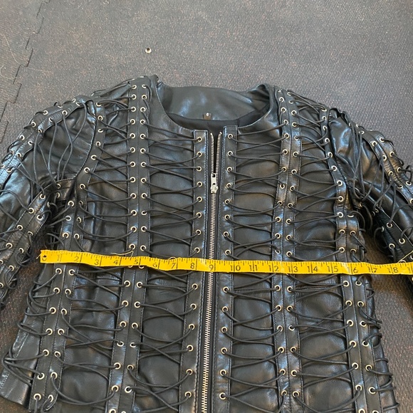 Black leather Biker Jacket with eyelets size Xtra small to small, badass! - Picture 7 of 15